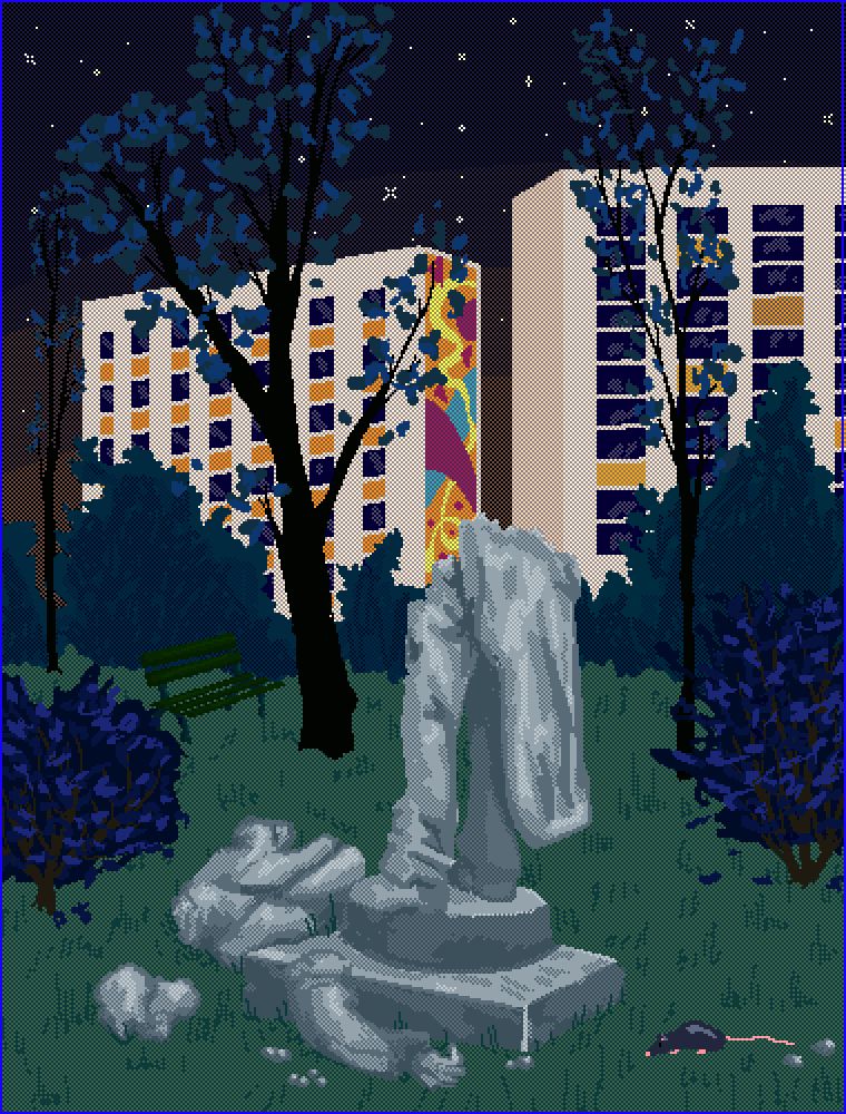 pixel art d'une statue pétée dans un parc de nuit avec des immeubles au fond et un ptit rat