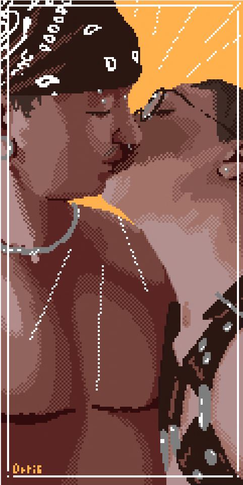 Pixel art portrait de deux mecs torse nu qui s'embrassent 
